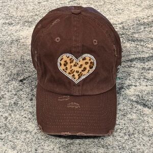 New Custom Designed Brown Distressed Baseball Cap with Embroidered Leopard Heart